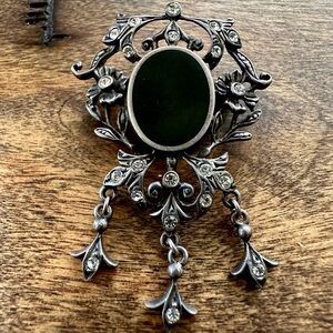 Art Deco Sterling Silver Onyx and Marcasite Stone Brooch